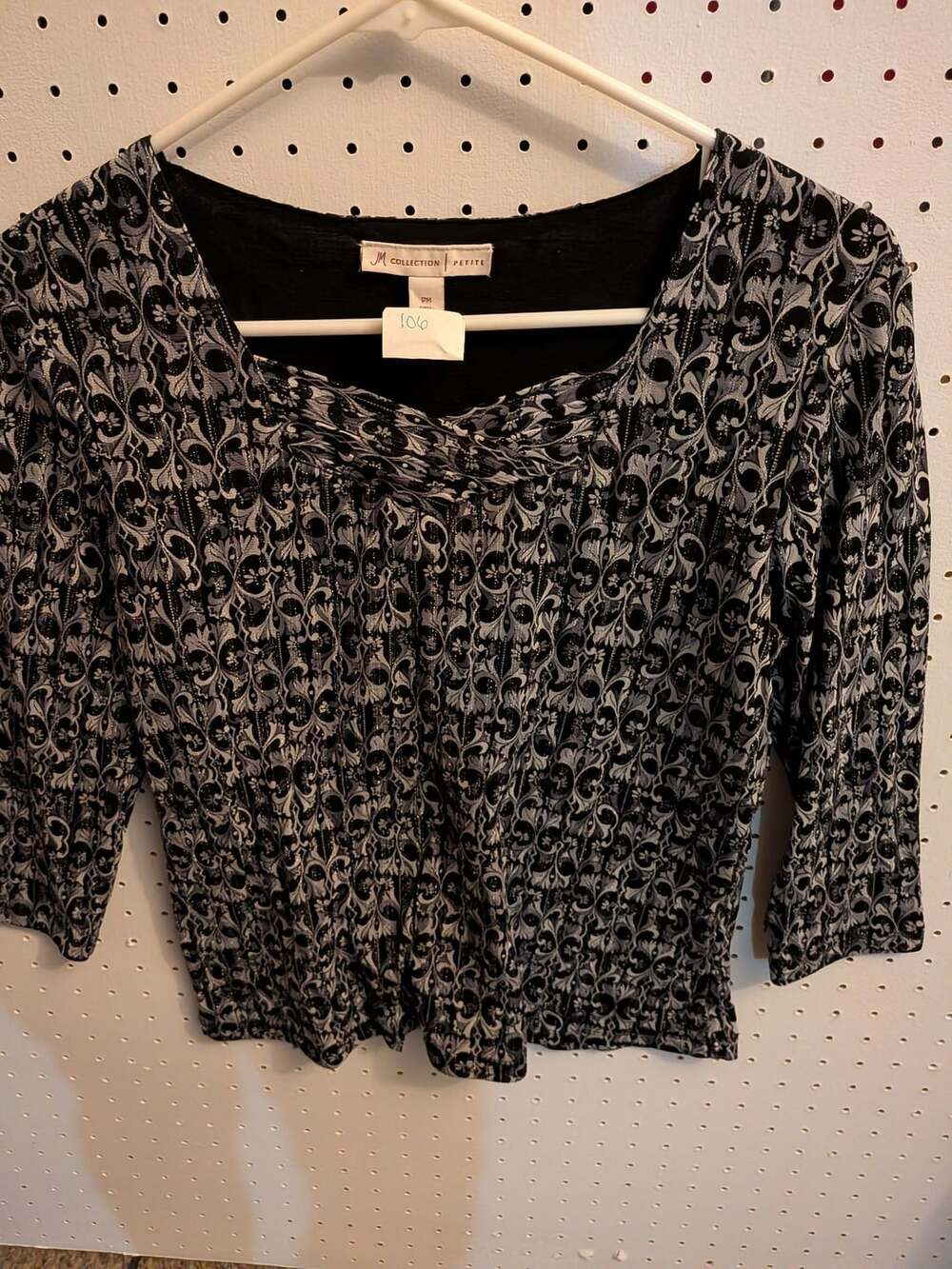 JM Collection Petite Blouse Size PM Black Silver Damask Square Neck Top